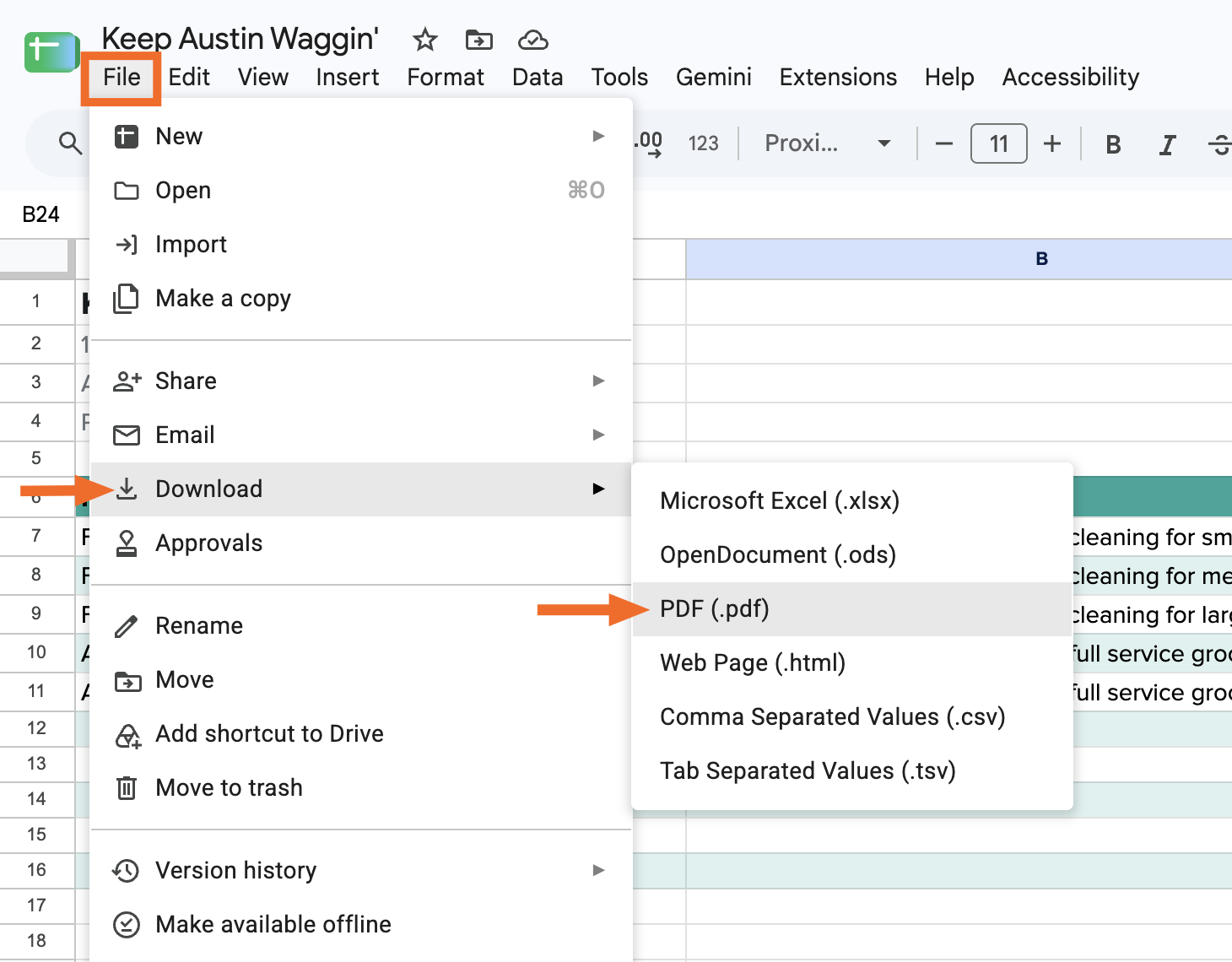 How to download the Google Sheets price list template as a PDF.