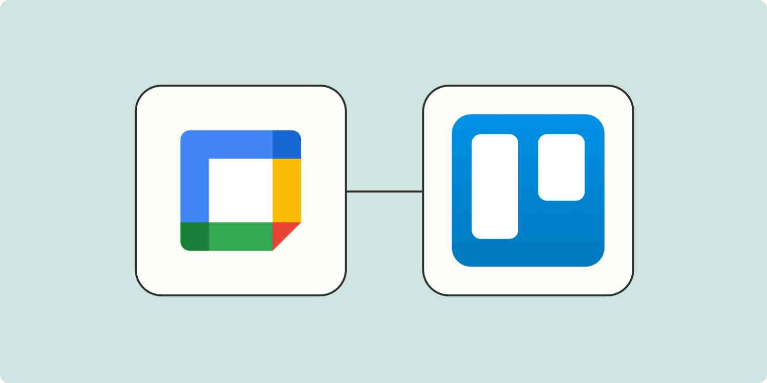 A hero image of the Google Calendar calendar logo connected to the Trello app logo on a light blue background.