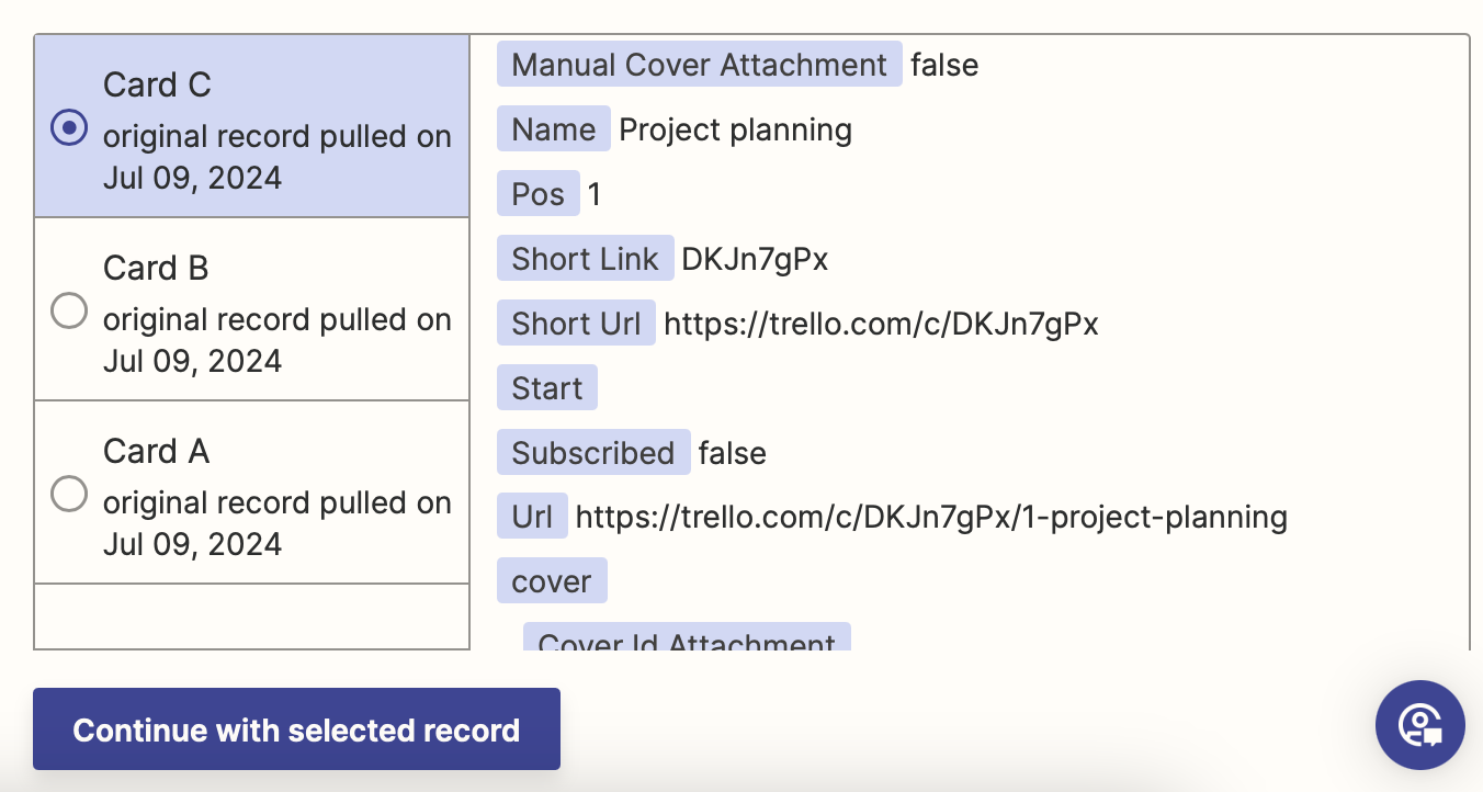 A set of test data in the Zap editor that shows Trello card records.