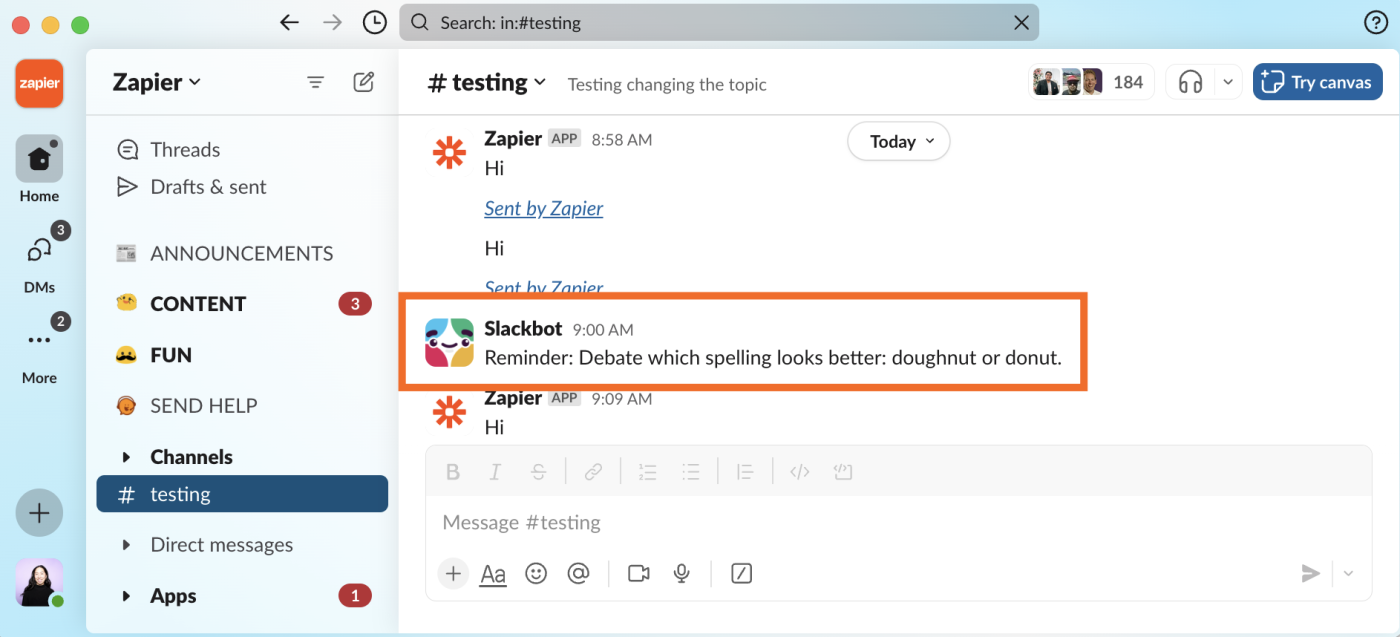 Example of a Slack reminder published in a channel. 
