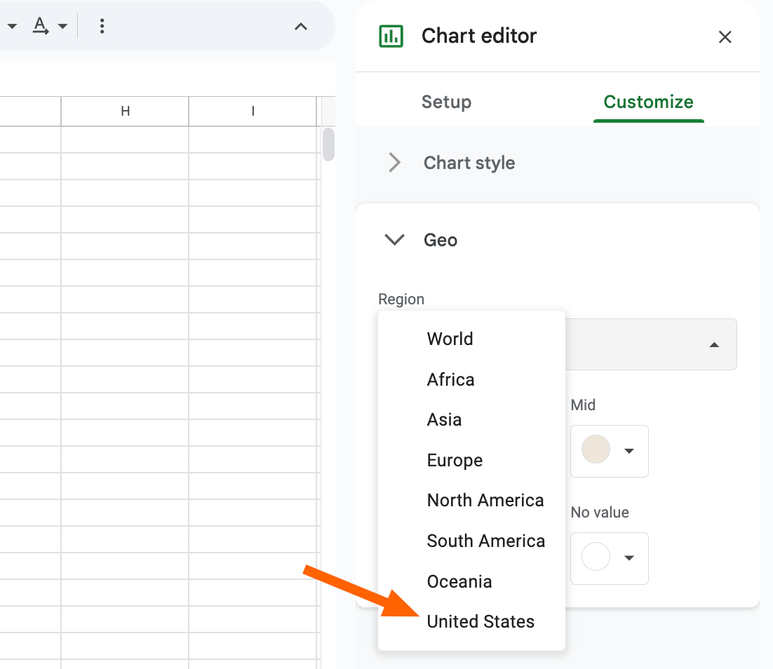 Screenshot showing the map region selection in Google Sheets