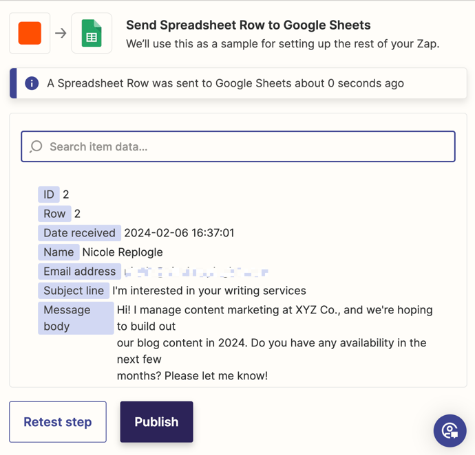 A successful test of Gmail data sent to a Google Sheet in the Zap editor.