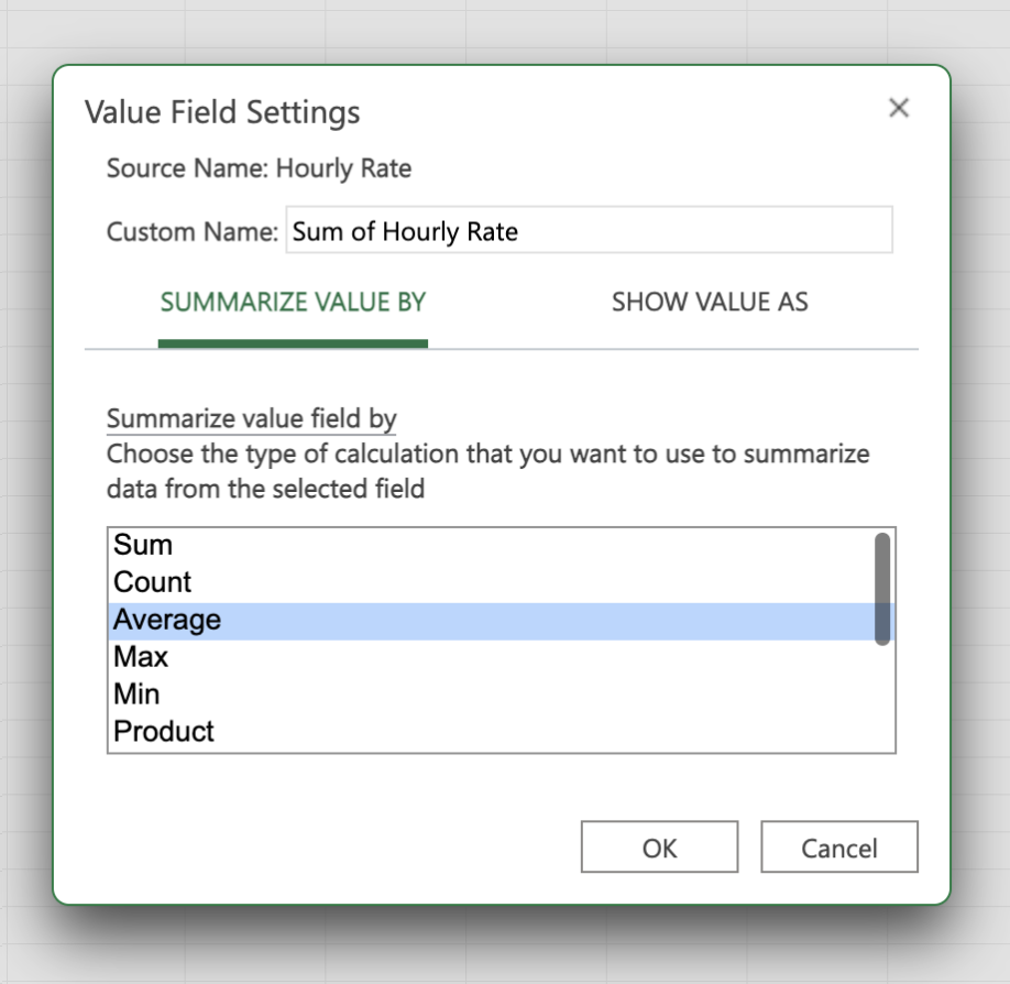 In the Value Field Settings dialog box, choose "Average."