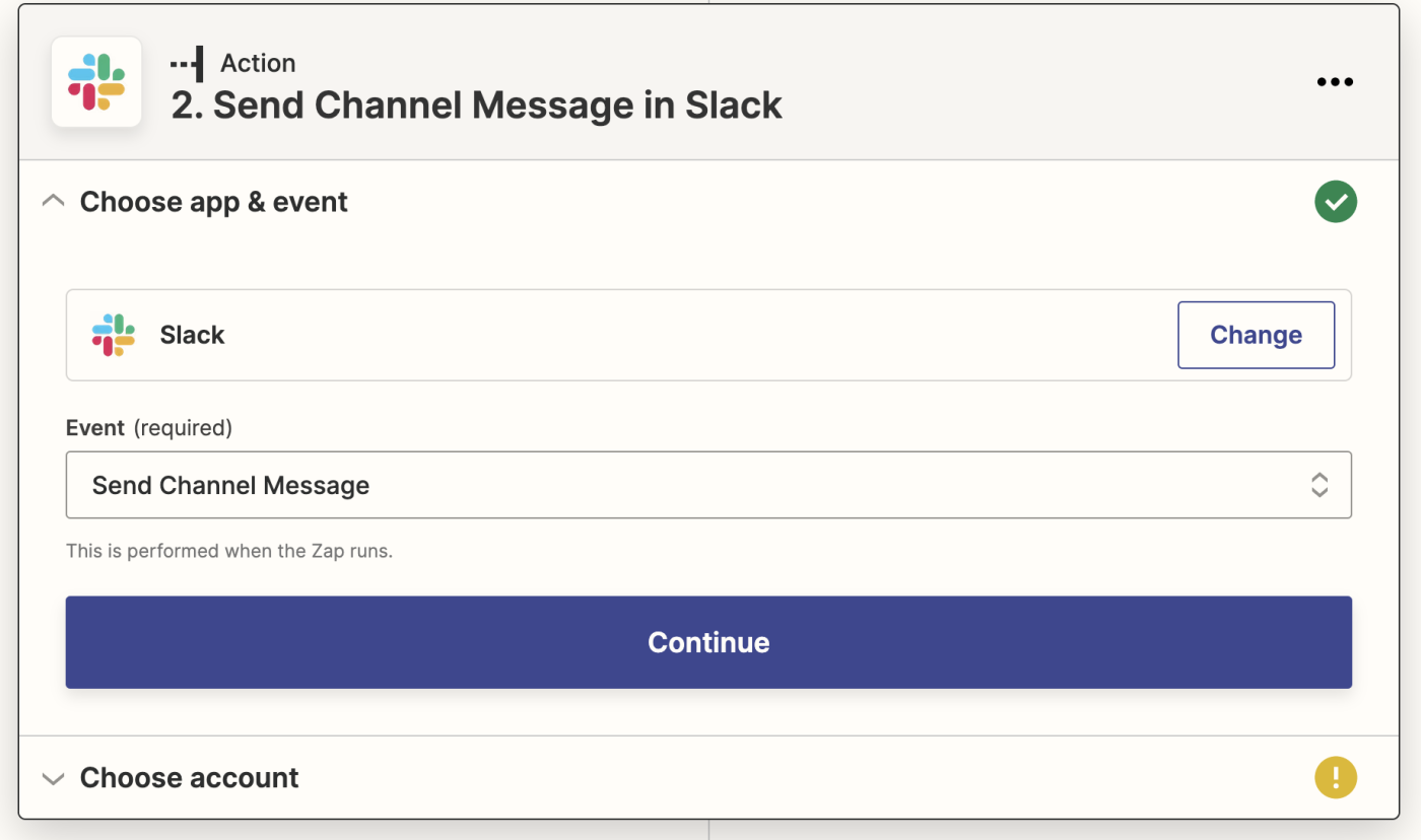 The Slack app logo above a field labeled Event with Send Channel Message selected. 
