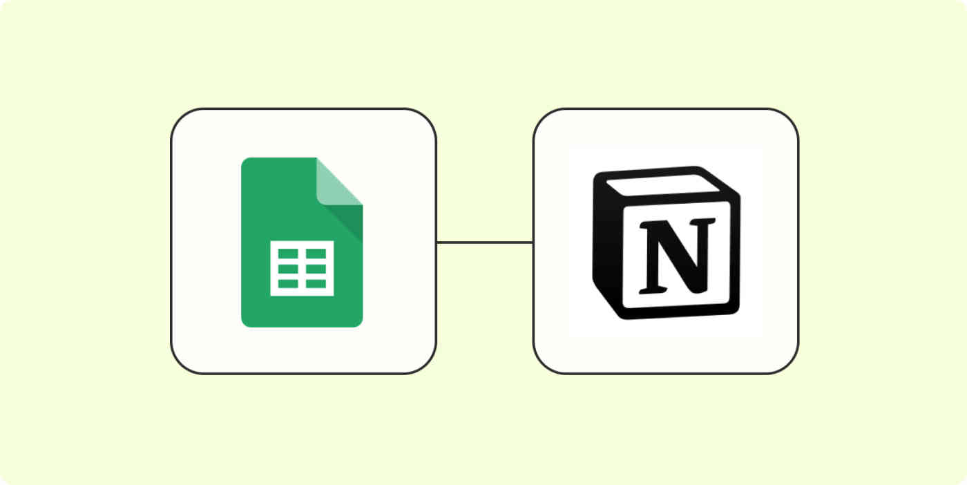 The Google Sheets app logo connected to the Notion app logo on a light yellow background.