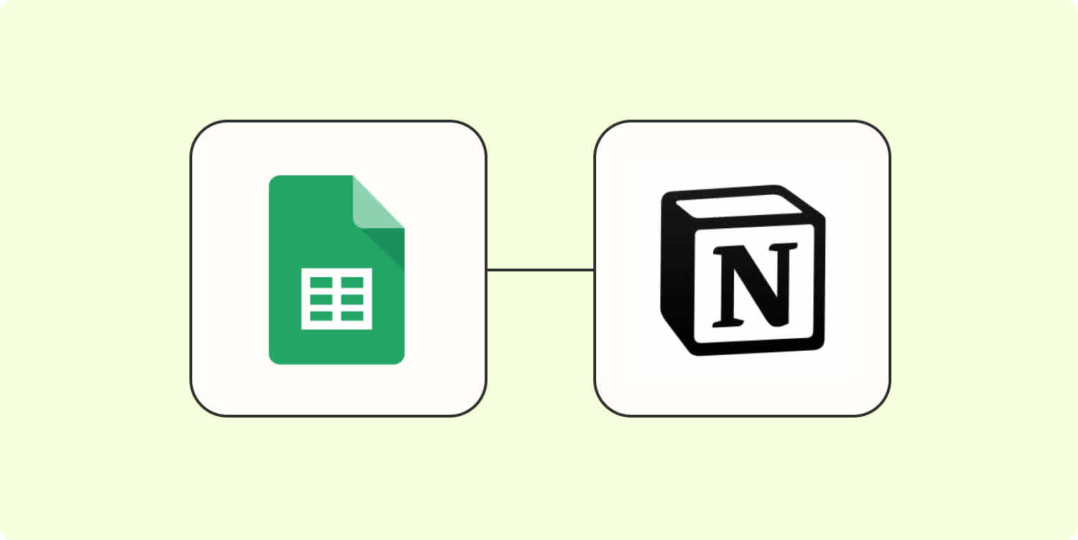 Le logo de l’appli Google Sheets connecté au logo de l’appli Notion sur un fond jaune clair.