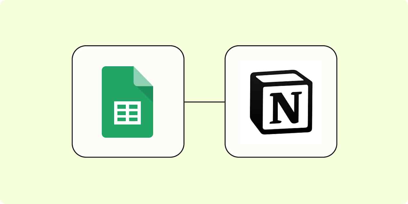 The Google Sheets app logo connected to the Notion app logo on a light yellow background.