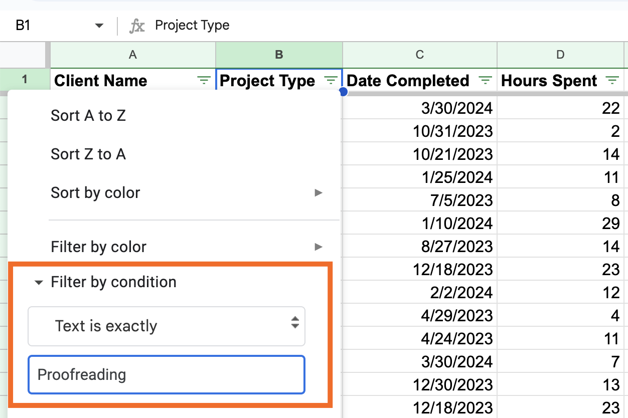 How to filter by condition in Google Sheets.