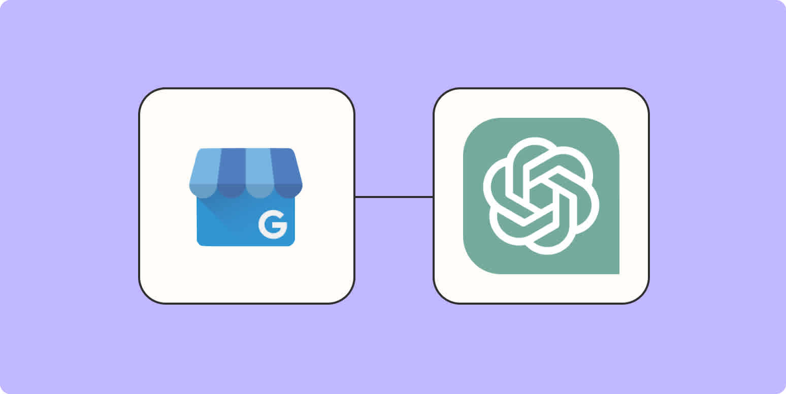 A hero image of the Google My Business app logo connected to the ChatGPT app logo on a light purple background.