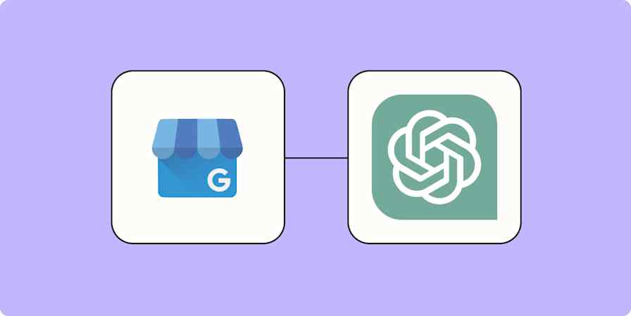 A hero image of the Google My Business app logo connected to the ChatGPT app logo on a light purple background.