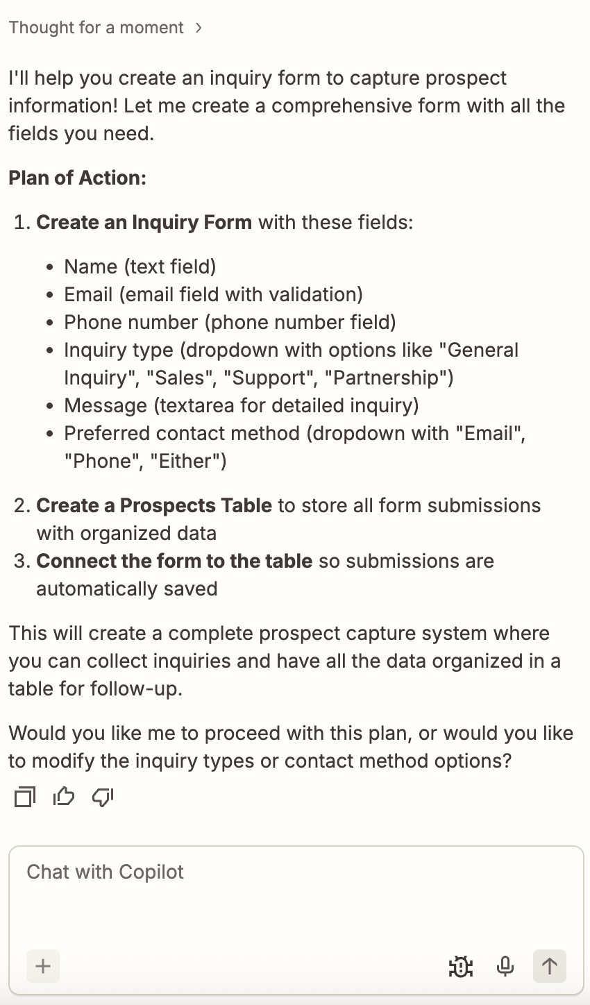 Copilot response outlining a plan to create an inquiry form, list required fields, store submissions in a table, and connect them