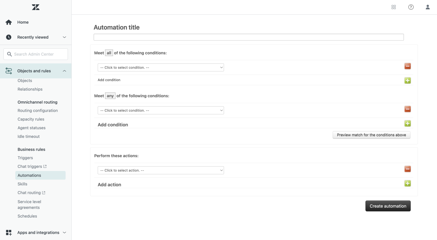 Screenshot of Zendesk's automation options.