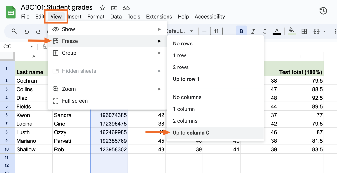 How to freeze columns in Google Sheets using the ribbon menu. 