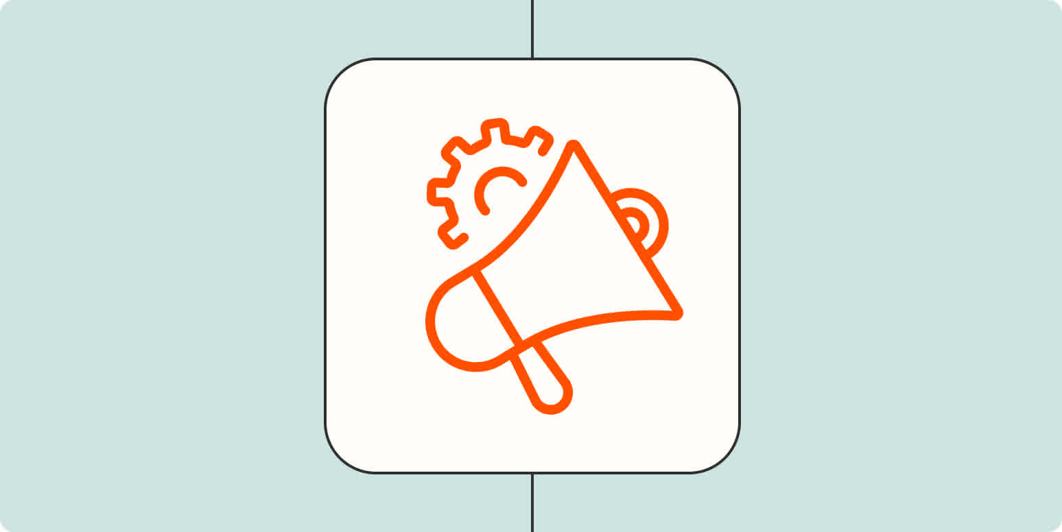 Hero image of a megaphone in front of a cog on a light blue background