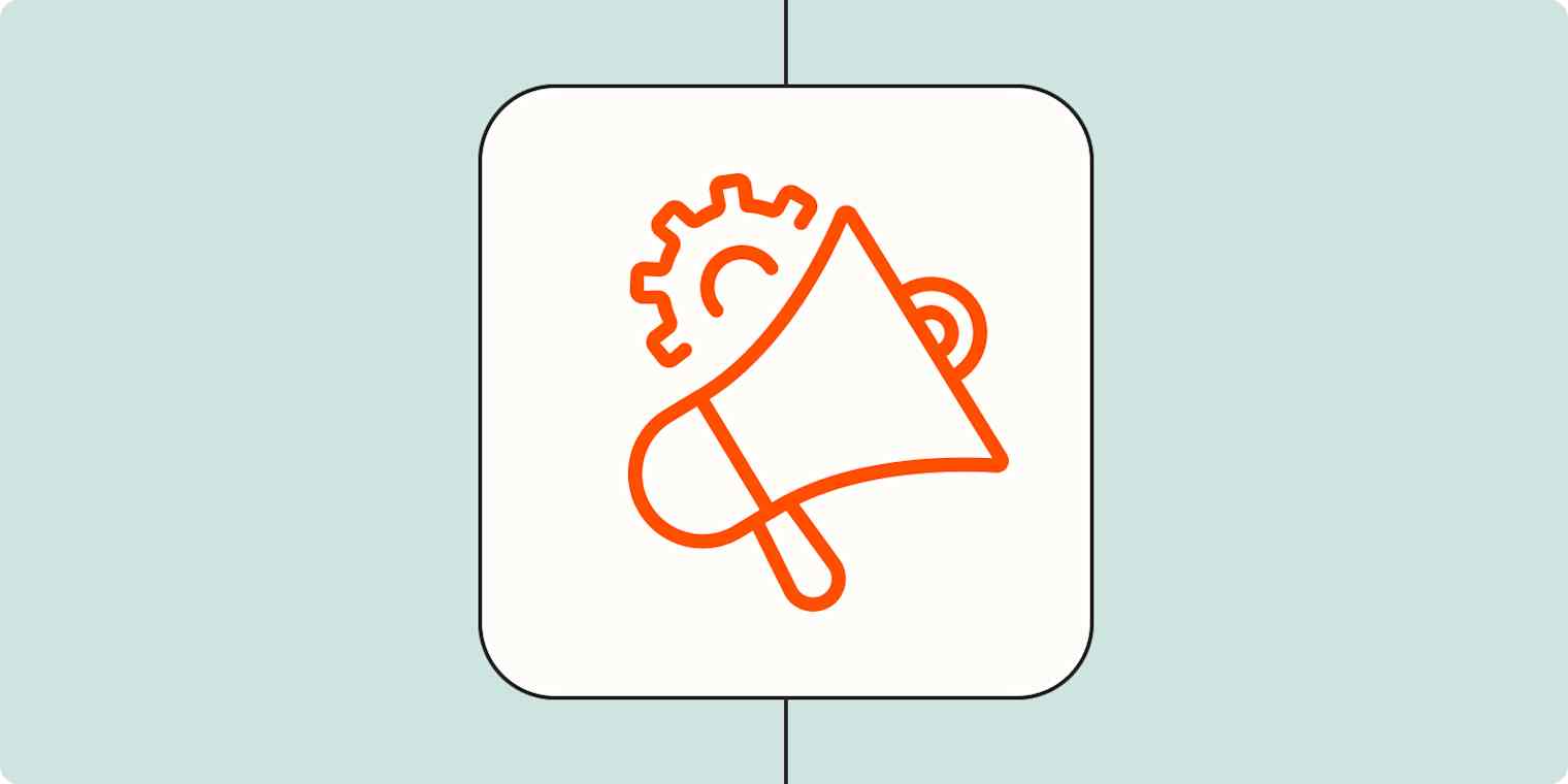 Hero image of a megaphone in front of a cog on a light blue background