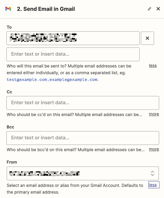 Fields to customize an email sent in Gmail in the Zap editor.