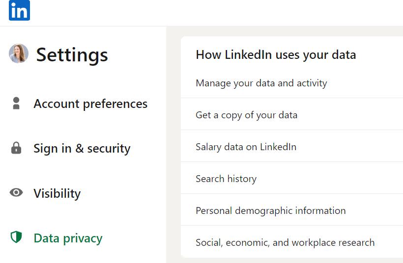 Selecting Data privacy > Get a copy of your data in LinkedIn