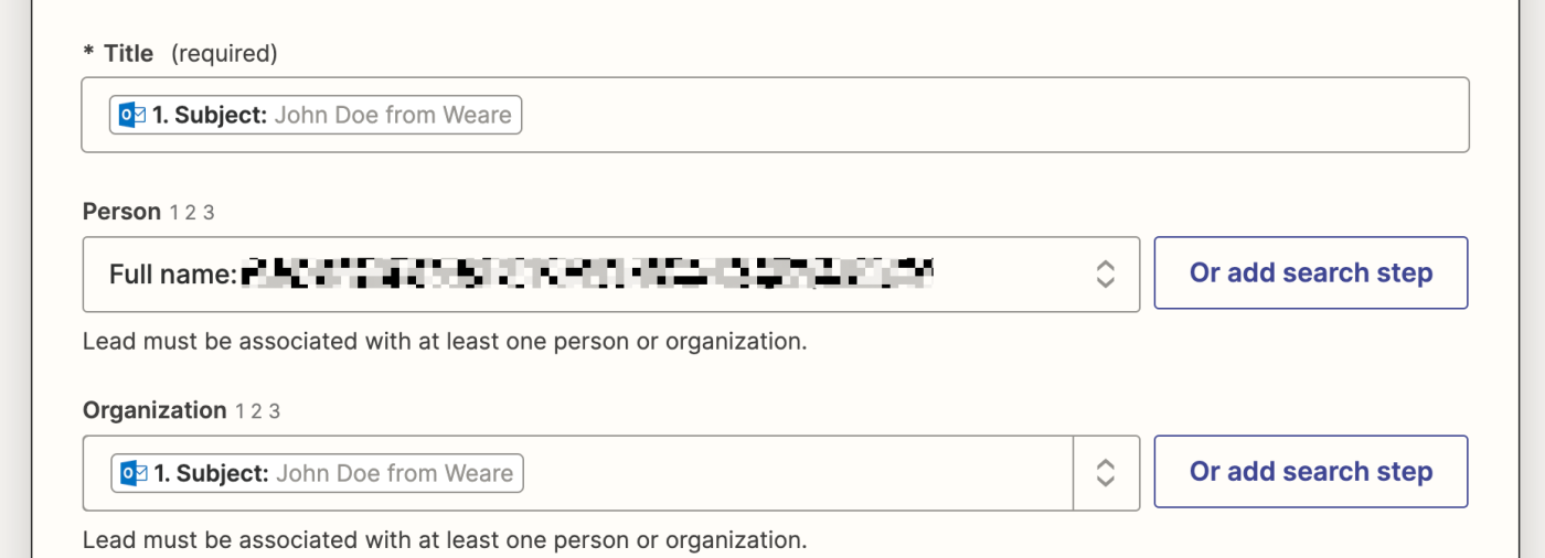 Screenshot of action fields