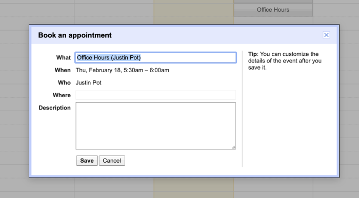 Adding Appointment Slots To Google Calendar