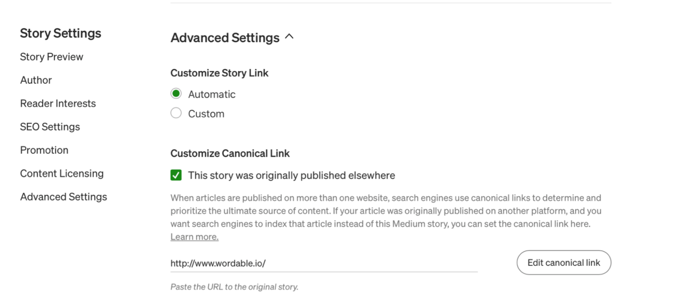 Showing the canonical link option on Medium