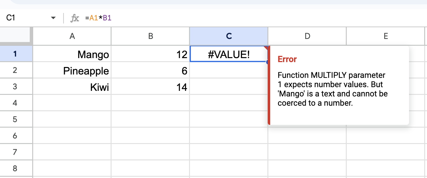 Example of a value error in Google Sheets.