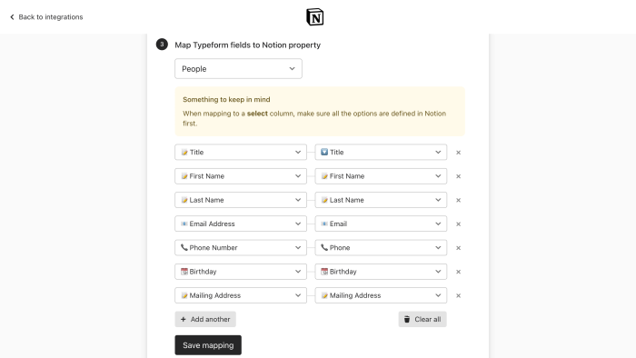 A screenshot of the Notion interface to integrate with Typeform showing fields like Title, First Name, Last Name, and Email Address.