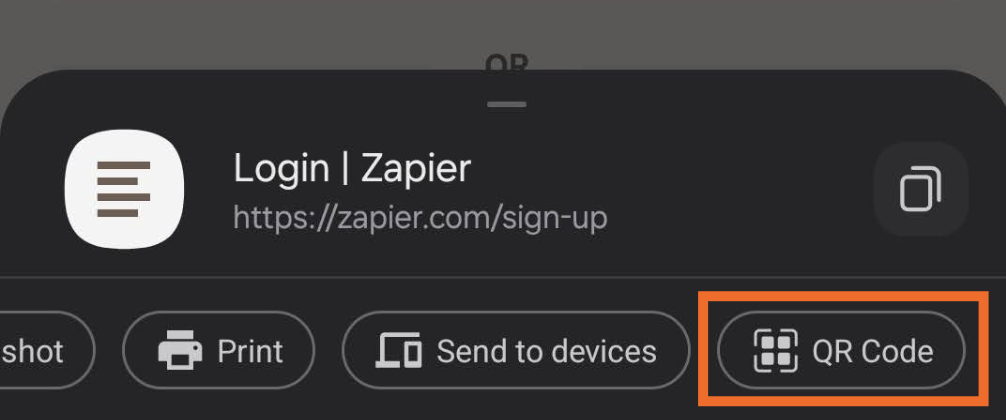 Partial view of the share menu in the Google Chrome Android mobile app with create a QR code highlighted.