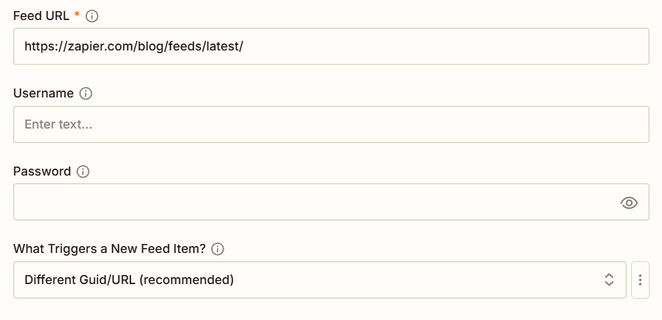 The Zapier blog RSS feed URL is shown in the Feed URL field.