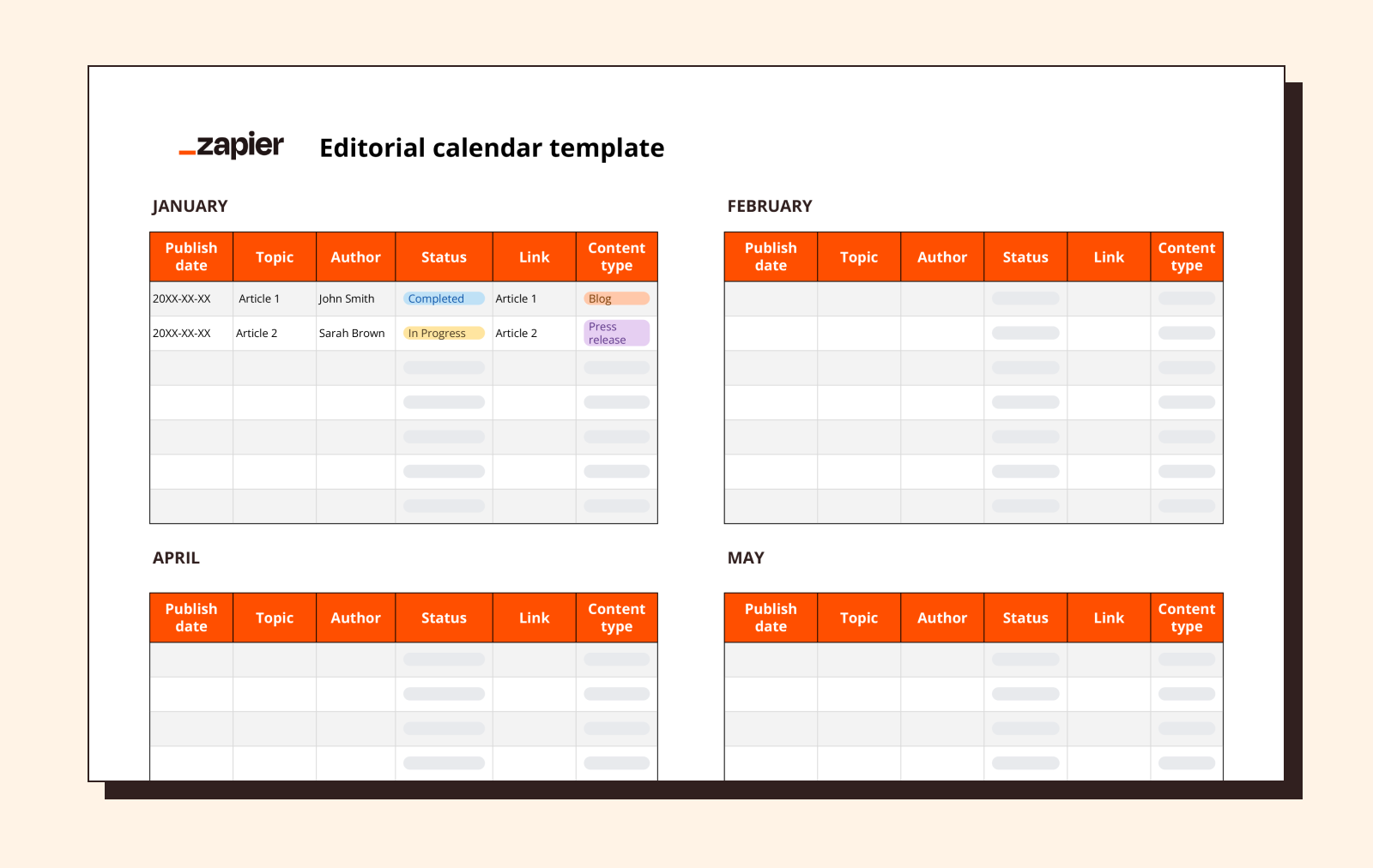 Screenshot of Zapier's editorial calendar template