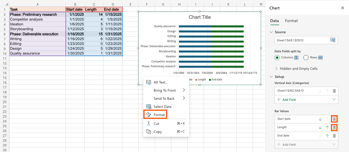 Screenshot of the Excel sheet showing how to edit the data in the bar chart