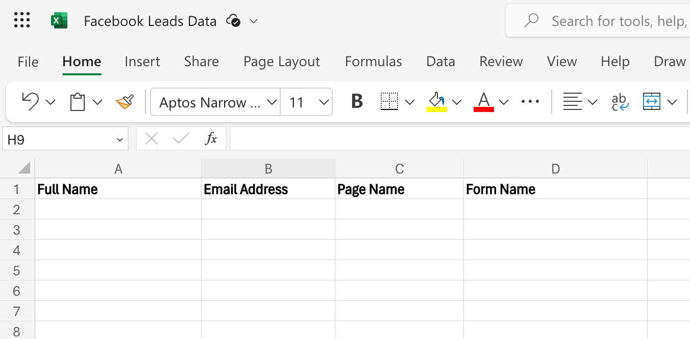 An Excel spreadsheet with columns for name, address, page name, and form name.