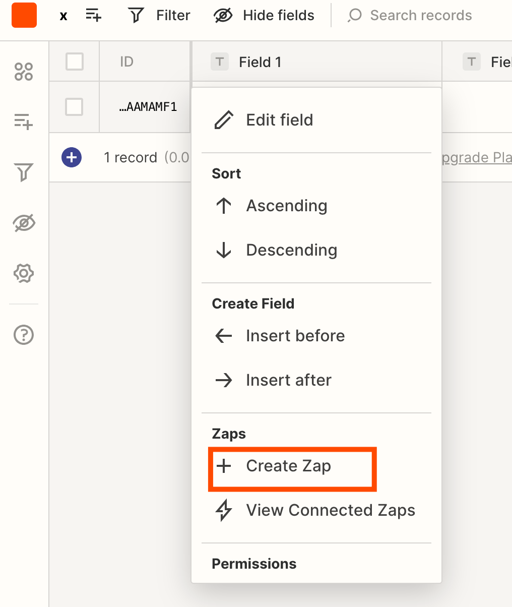 Click on a field header and select Create Zap.