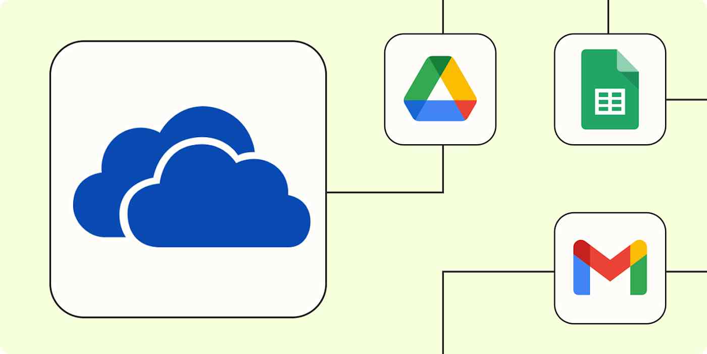 A hero image of the OneDrive app logo connected to other app logos on a light yellow background.