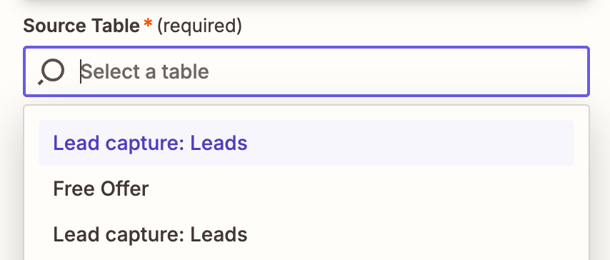 Screenshot of source table option