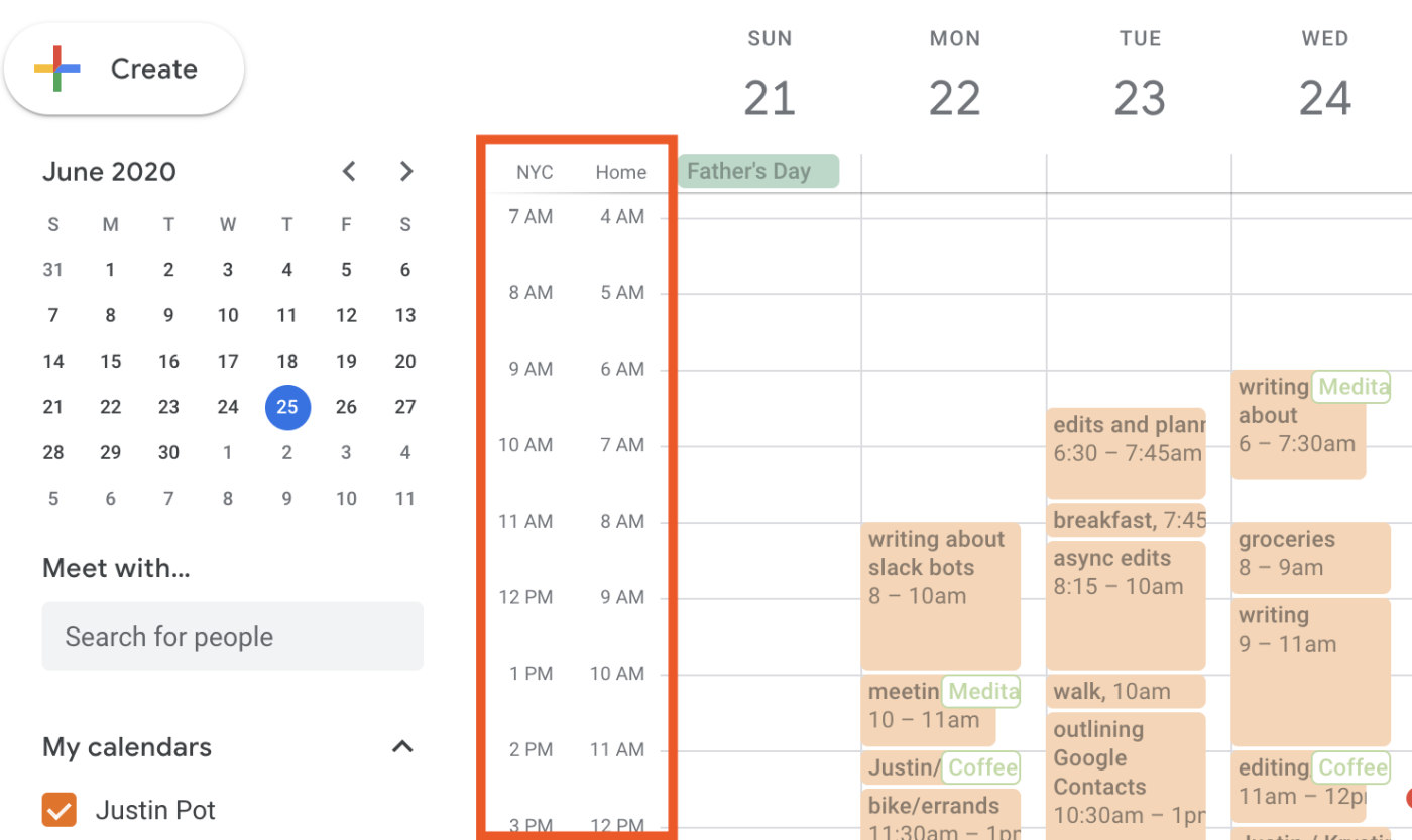 Two time zones appear to the left of a week view in Google Calendar