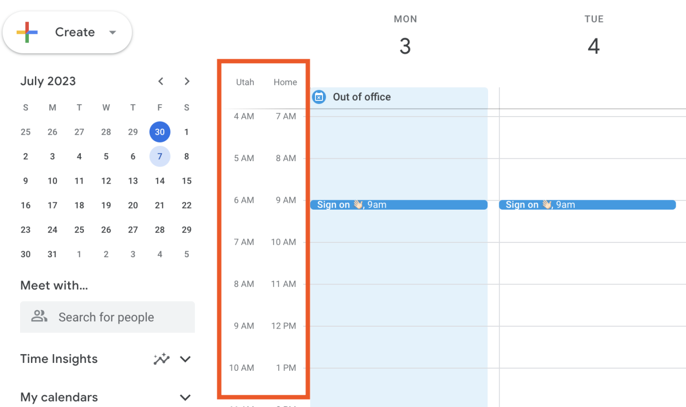 Two time zones appear to the left of a week view in Google Calendar.