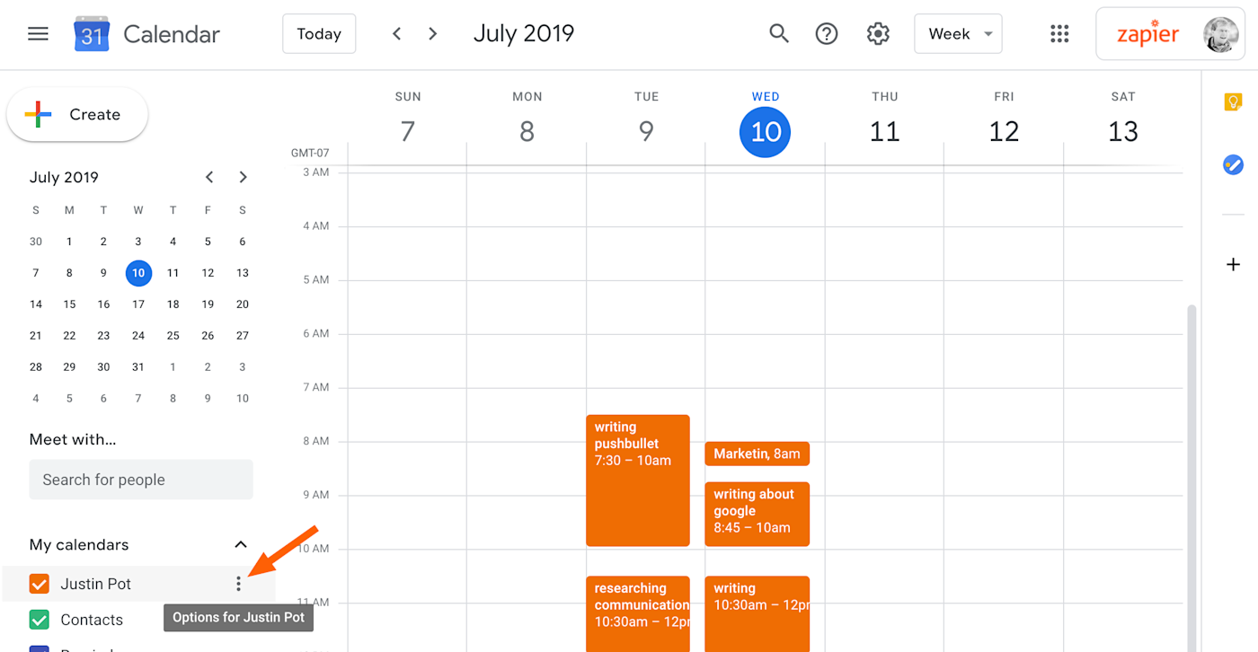 Hover over any calendar to see the options button