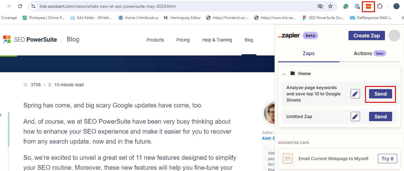 A page on the SEO PowerSuite site with the Zapier Chrome Extension shown open.