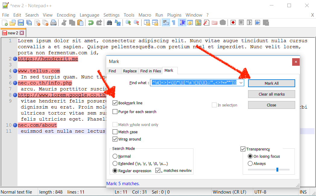 Bookmark all regex results in Notepad++