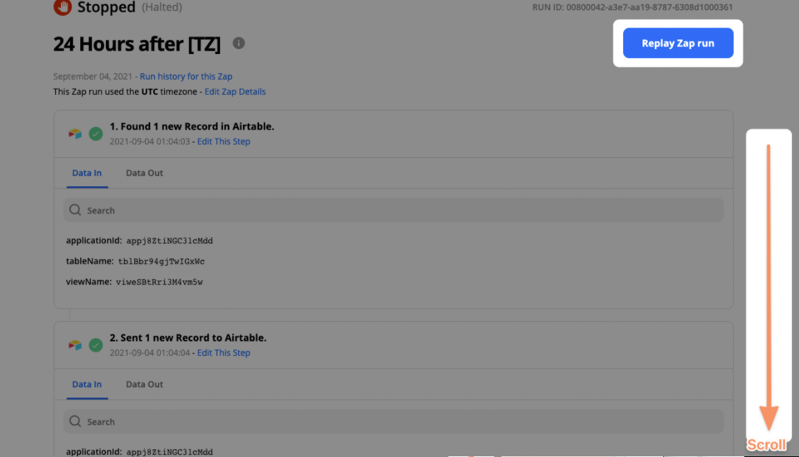 A box highlights a blue button that says Replay Zap run. An orange arrow points down, with instructions to scroll down the page.