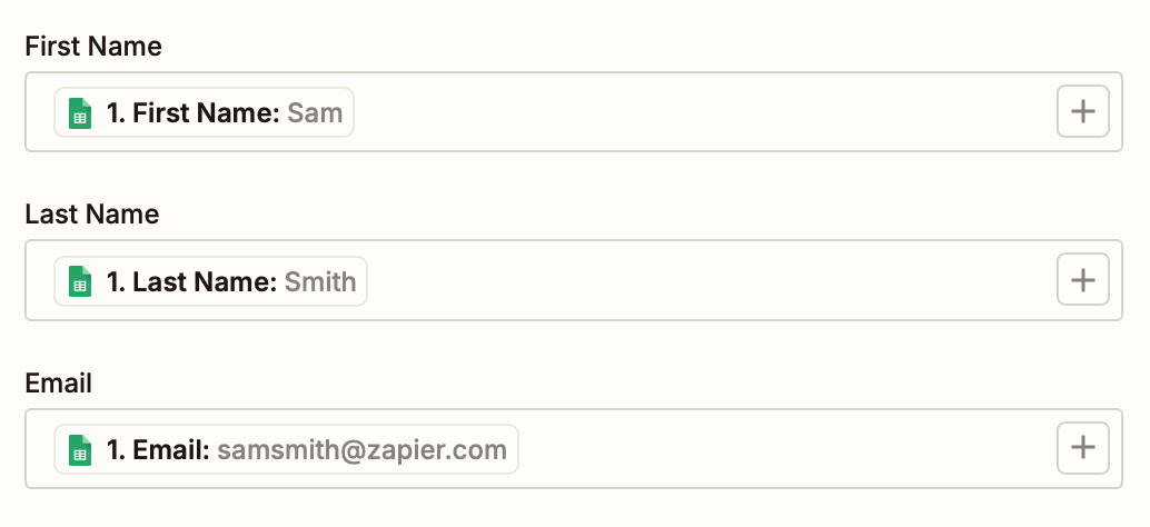 Screenshot of name and email address columns in the Zap editor
