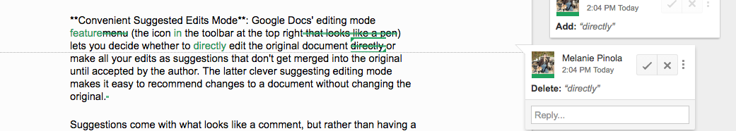 Color-coded Google Doc suggested edits