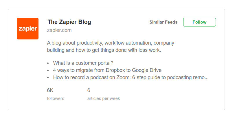 Feedly card for the Zapier Blog. A green 'Follow' button is on the right.