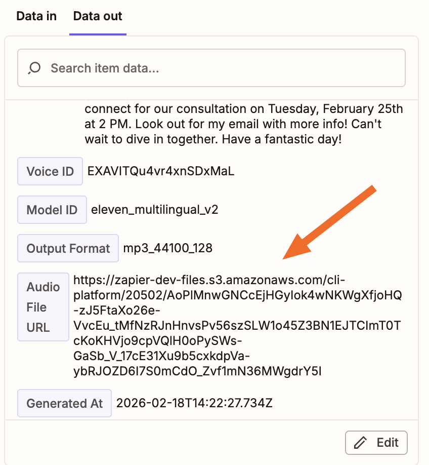 A test record with an arrow pointing to an audio file URL