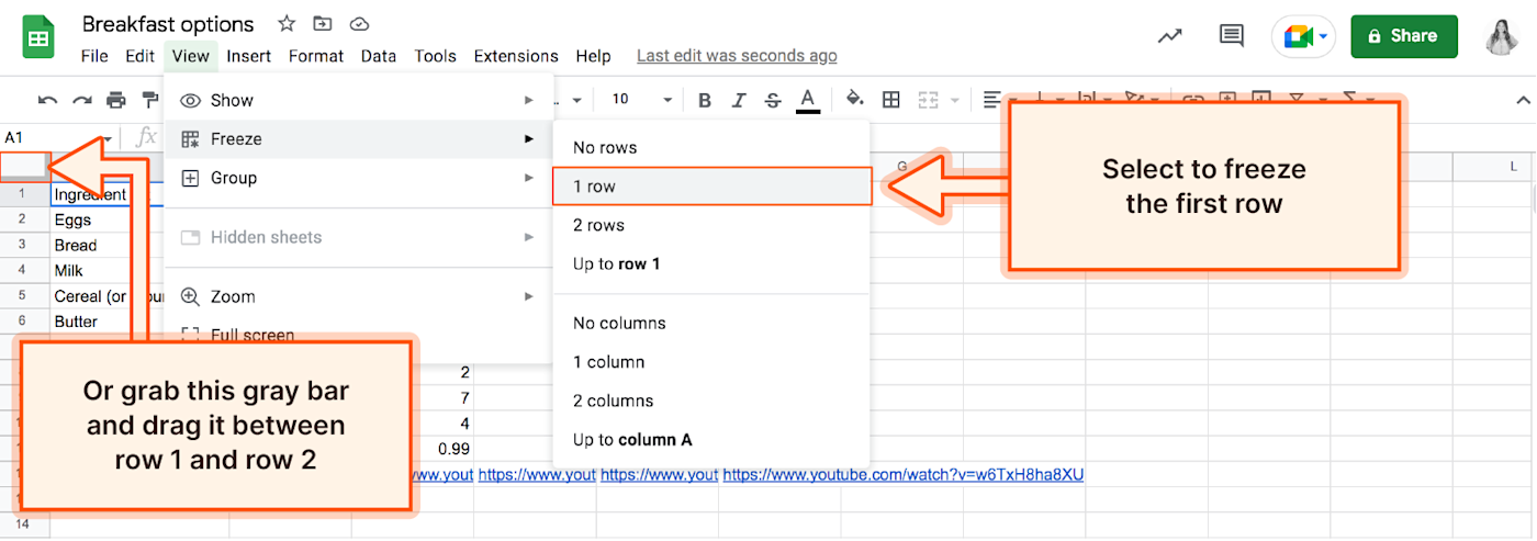 Screenshot of spreadsheet with arrow pointing to "1 row" button and another arrow pointing to the gray bar in the top left corner. 