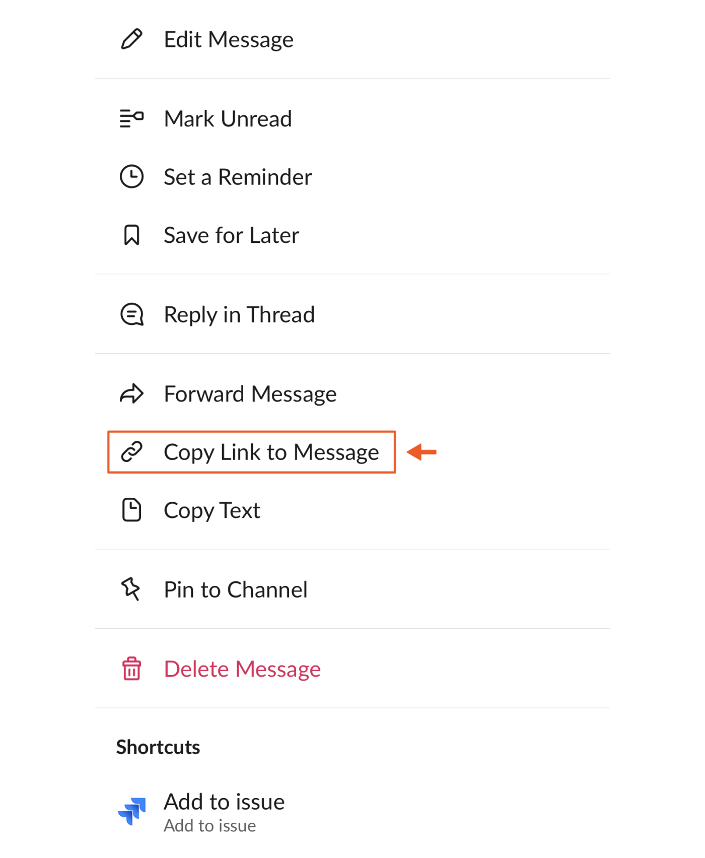 Screenshot showing how to copy a message link on Slack for mobile.