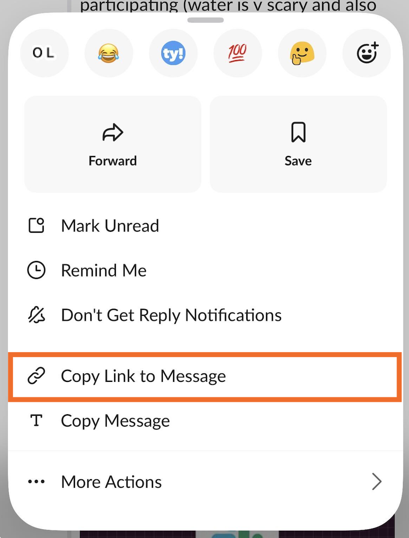 Expanded view of a Slack message menu on mobile with the option to copy link to message highlighted.