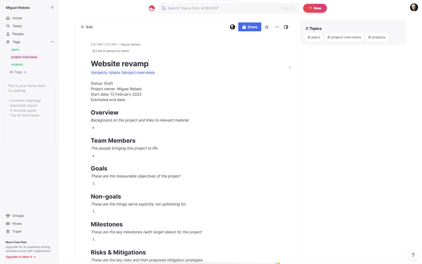 Mem, an AI productivity app for organizing notes and tasks