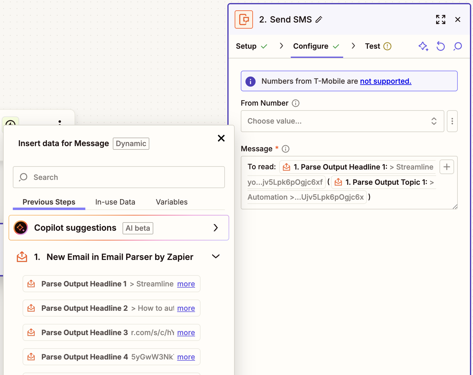 Set Up Action page with several Parse Outputs in the "Message" field. 