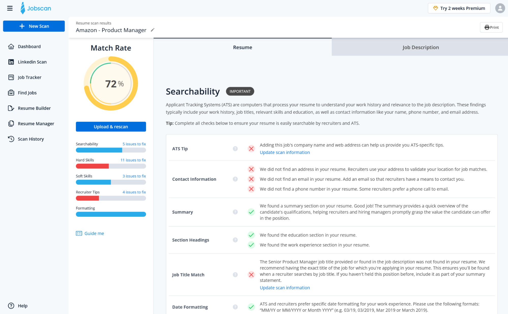 Jobscan, our pick for the best AI resume builder for optimizing your CV for ATS